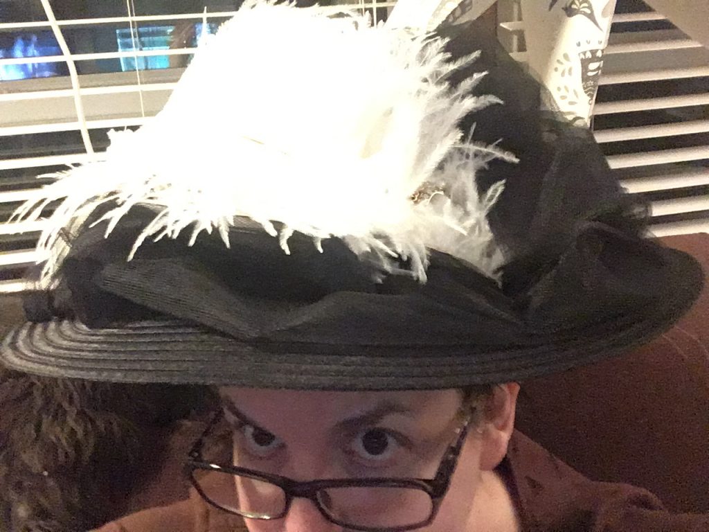 Finished Edwardian hat, tried on.